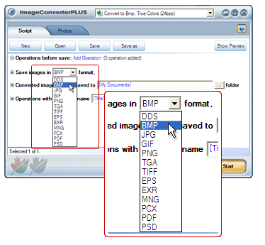 Interface: Output formats - Image Converter Plus